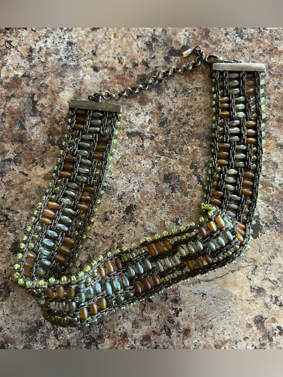 Jewelry - Vintage Boho/Hippie Beaded Choker Necklace in Olive Green & Brown